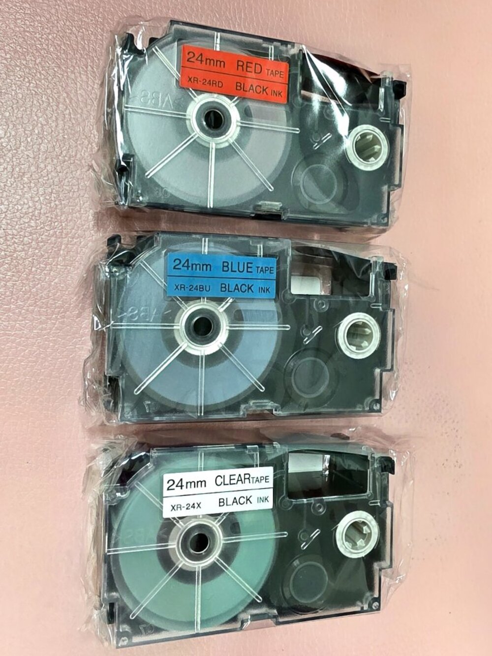 Casio 24mm Label Tape 3-Pack - Red, Blue & Clear, Black Ink - New Sealed